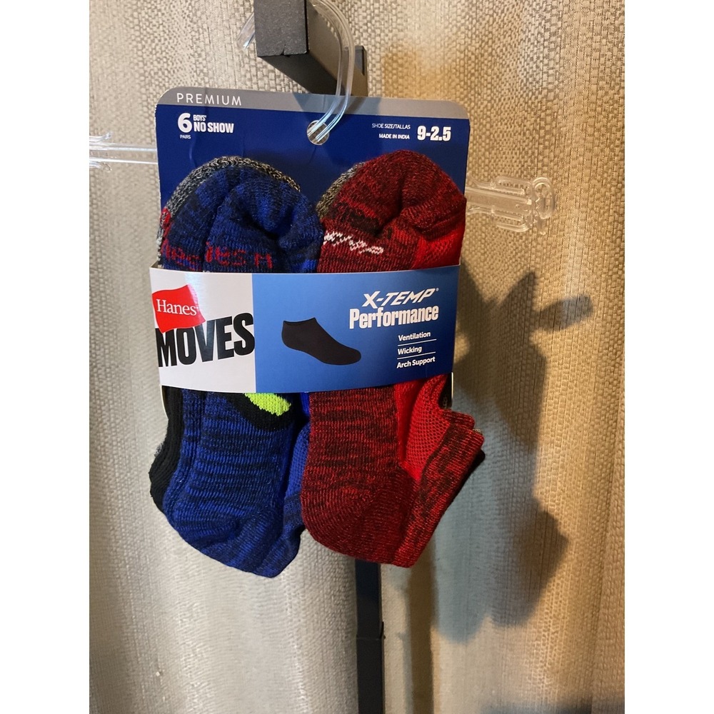 Hanes Boys Moves X-Temp Performance No Show Socks 6 Pair Pack Red Blue 9-2.5